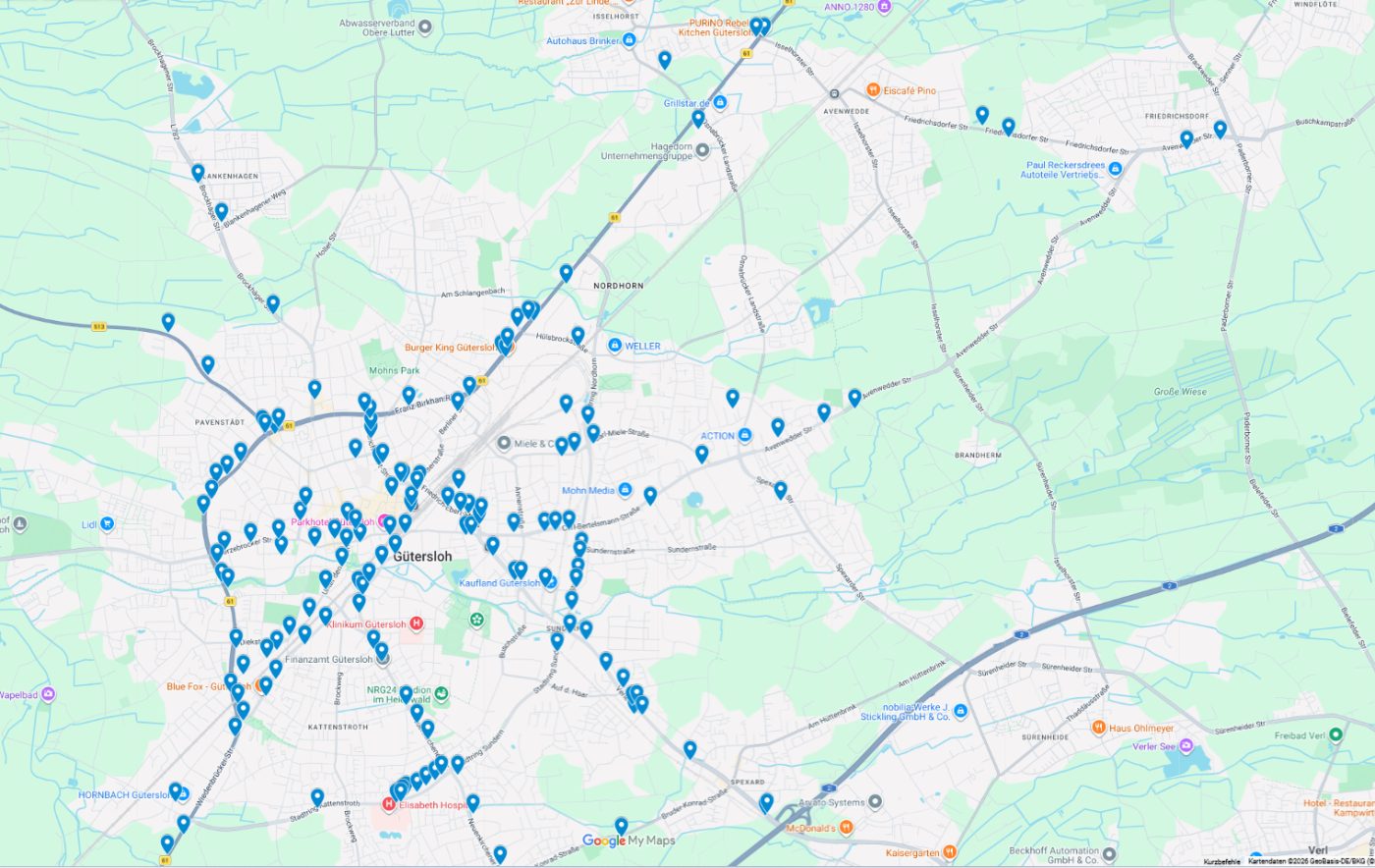 Karte des Stadtgebiets Gütersloh mit rund 145 eingezeichneten Werberahmen-Standorten der PrimoBau GmbH